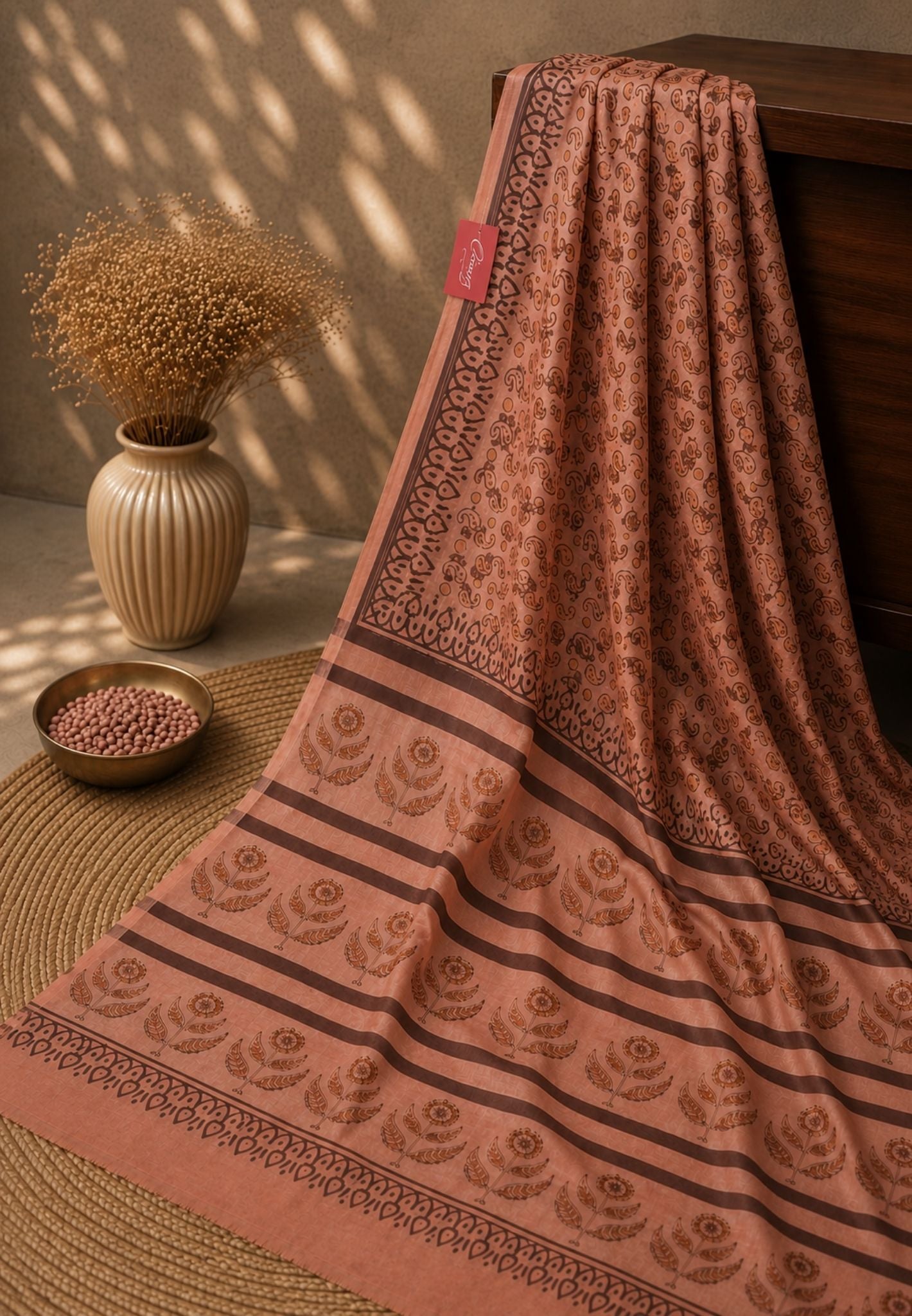 Pure Modal Silk Saree-Pale orange with Paisley Pattern