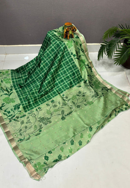 Soft Tussar Saree-Green In Floral Vine Border