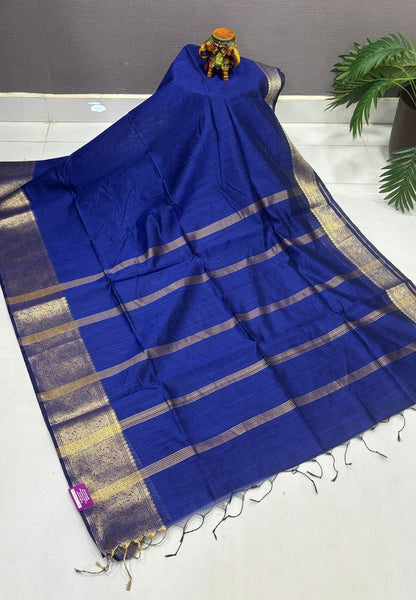 Handloom Silk Cotton Saree-Blue In Manga Brocade Zari Border