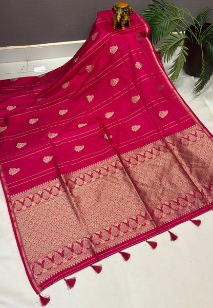 Gaji Silk Saree-Rani Pink in Paisley Jhumka Zari Border