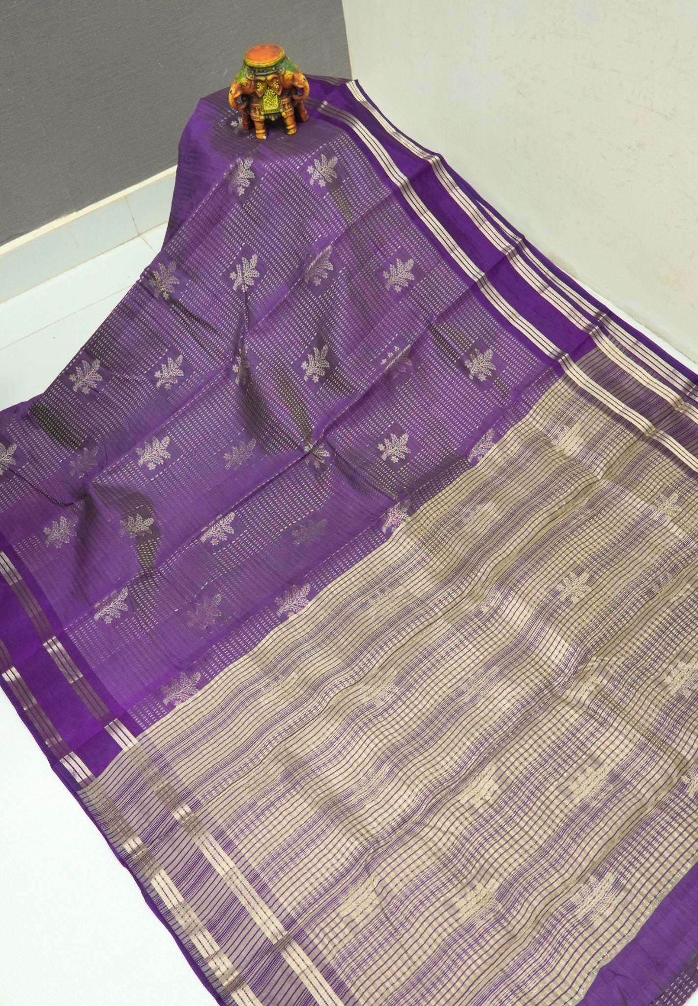 Semi Tussar Saree-Violet in RainDrop Zari with Retapet Border