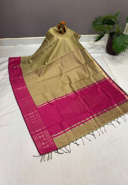 Raw Silk Saree-Beige in 1000 Butta with Contrast Zari Border