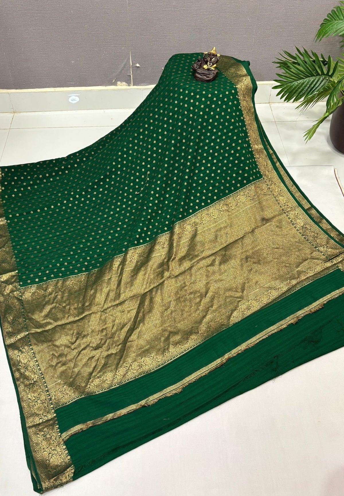 Banarasi Georgette Saree-Bottle Green with Mini Leaf Butta and Zari Border
