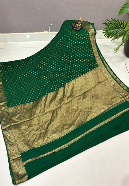 Banarasi Georgette Saree-Bottle Green with Mini Leaf Butta and Zari Border