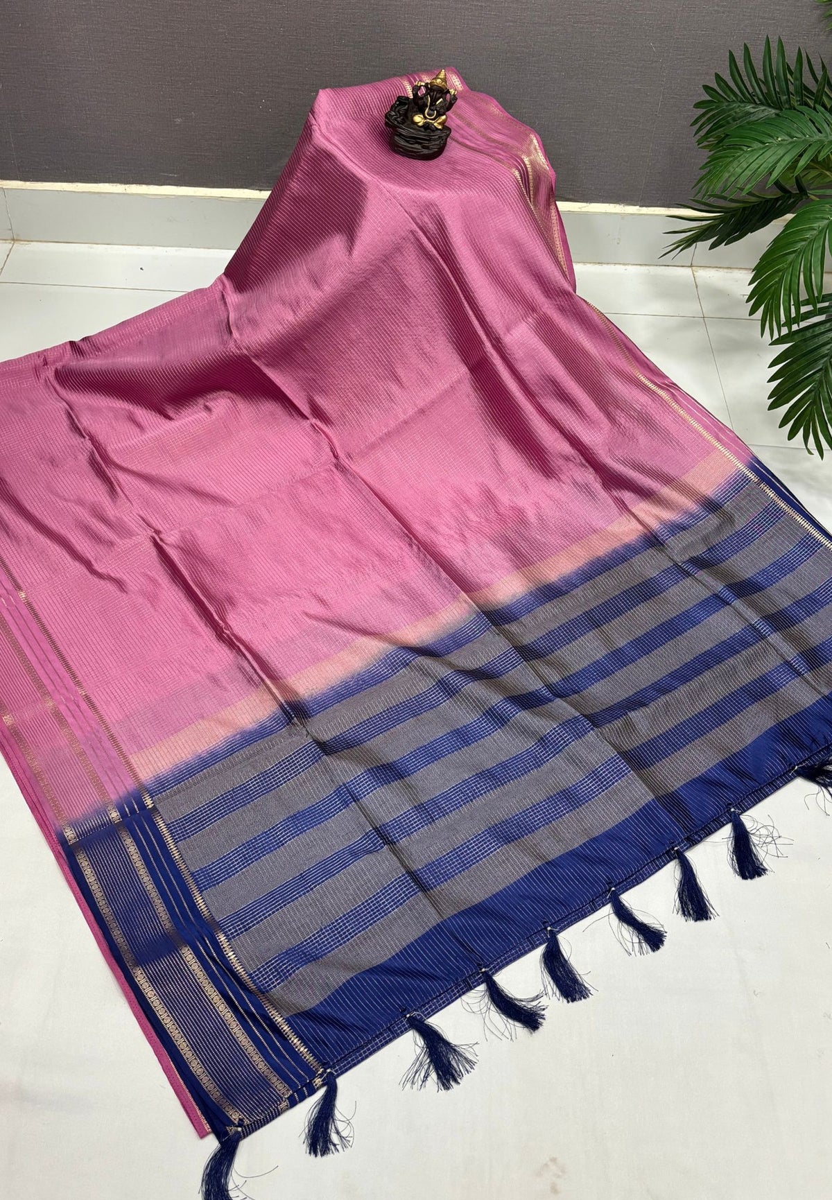 Mulberry Silk Saree-Onion Pink In Striped Zari With Contrast Border