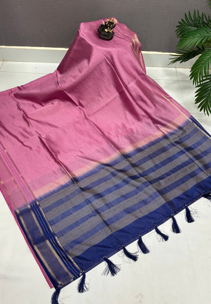 Mulberry Silk Saree-Onion Pink In Striped Zari With Contrast Border