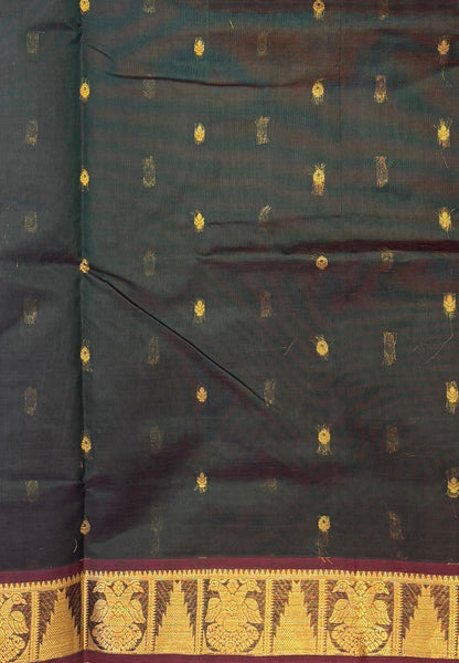 Silk Cotton Saree–Emerald Green-Maroon in Mini Buttas with Contrast Border