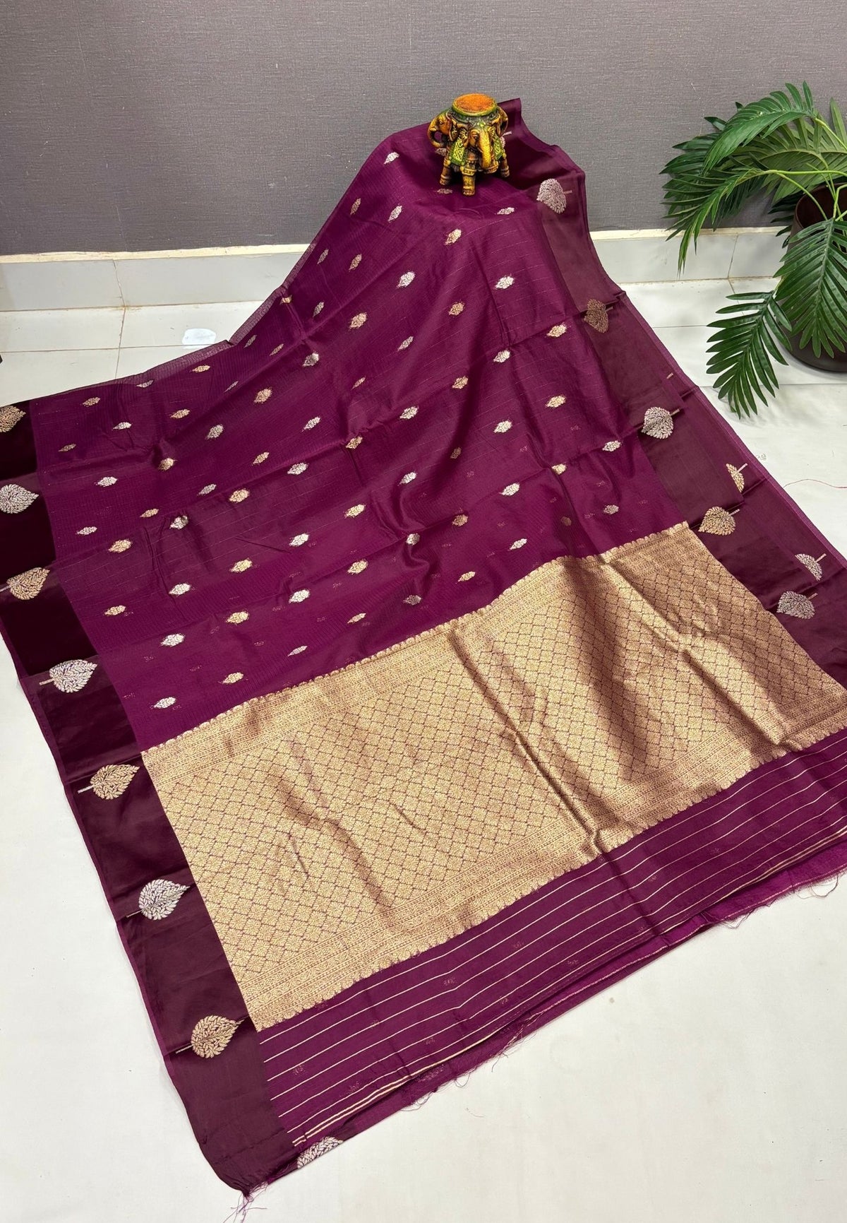 Art Silk Kota Saree-Wine In Geometric Zari Brocade Border