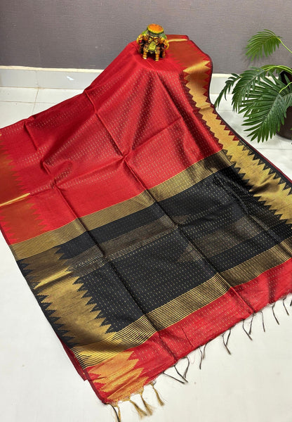 Semi Raw Silk Saree-Maroon In Zigzag Zari With Contrast Border