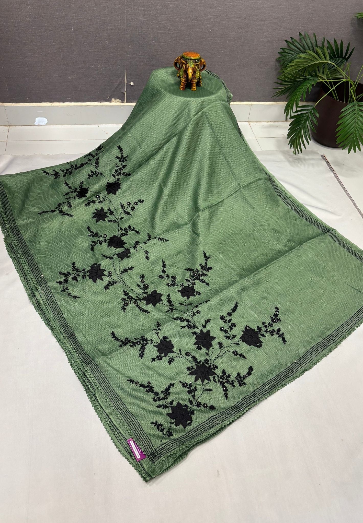 Kota Saree-Metallic Green with Floral Embroidery