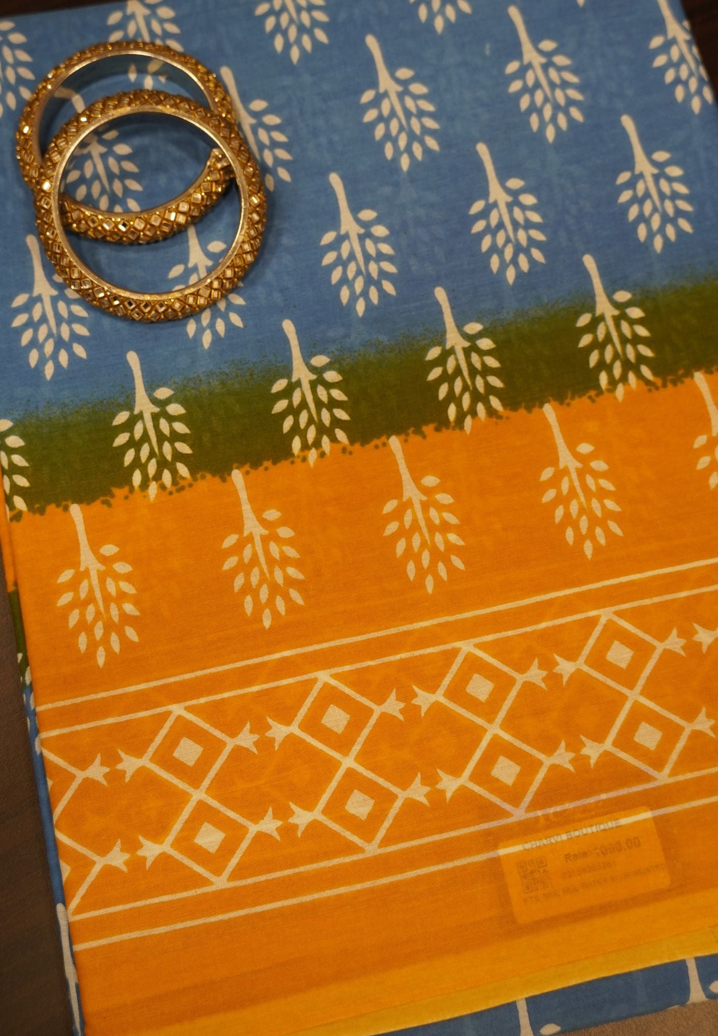 Mul Mul Cotton Saree- Water Blue-Mustard