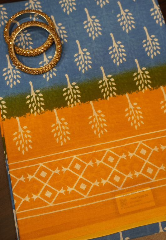 Mul Mul Cotton Saree- Water Blue-Mustard