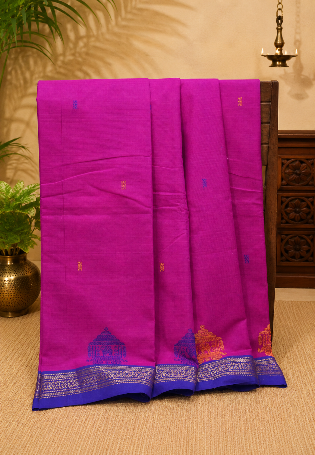 Chettinad Cotton Saree–Rani Pink With Ther Border