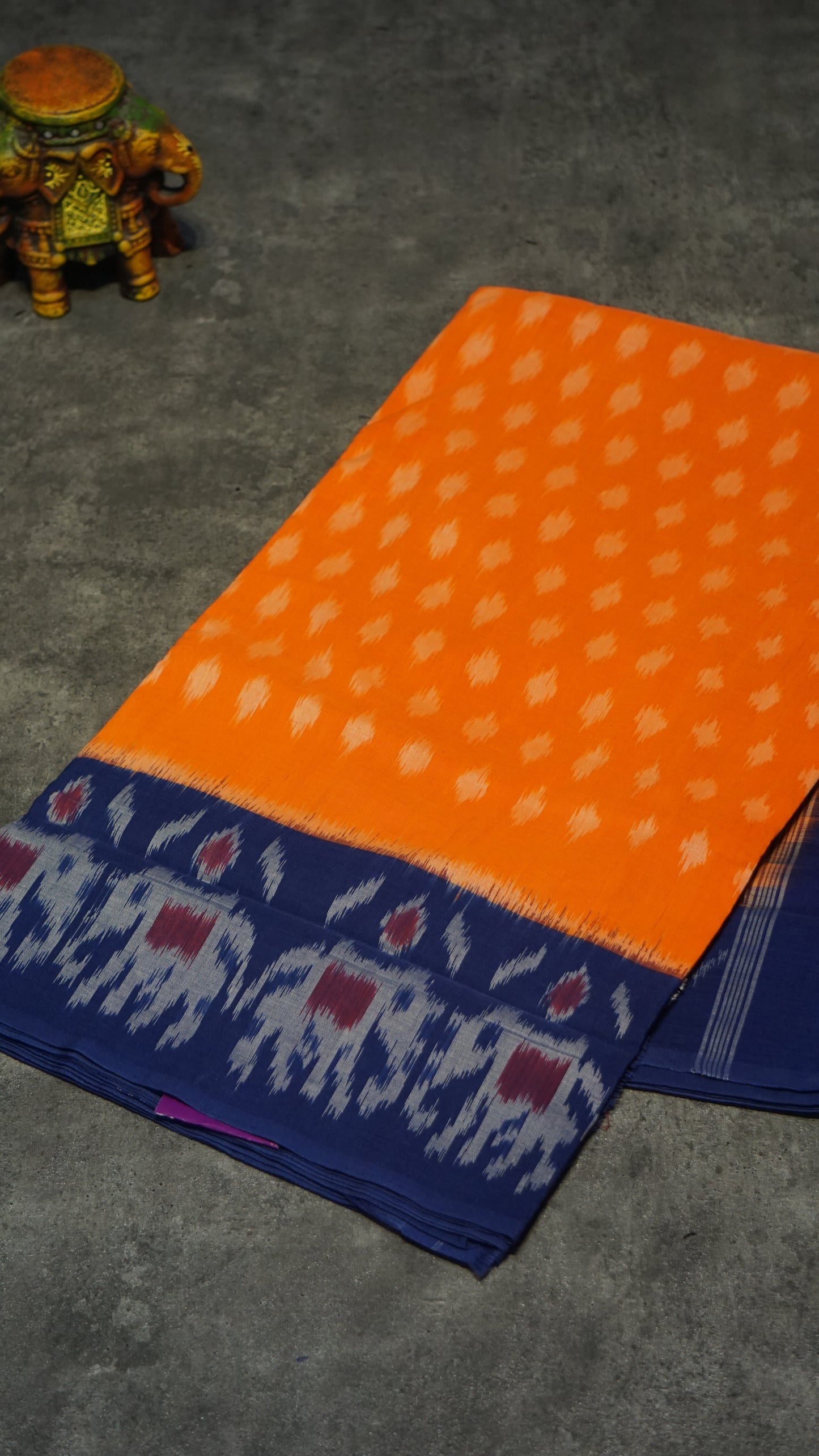 Pochampally Cotton double Ikkat Saree Orange -  Blue