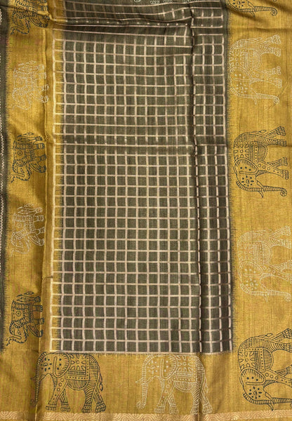 Semi Tussar Saree-Army Green in Traditional Elephant Motif Zari with Contrast Border