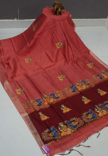 Cora Linen Saree-Dusky Peach with Thanjur Print