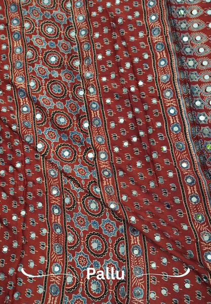 Pure Modal Silk Saree-Original Mirror Work &Traditional Printed Motifs - Black with maroon