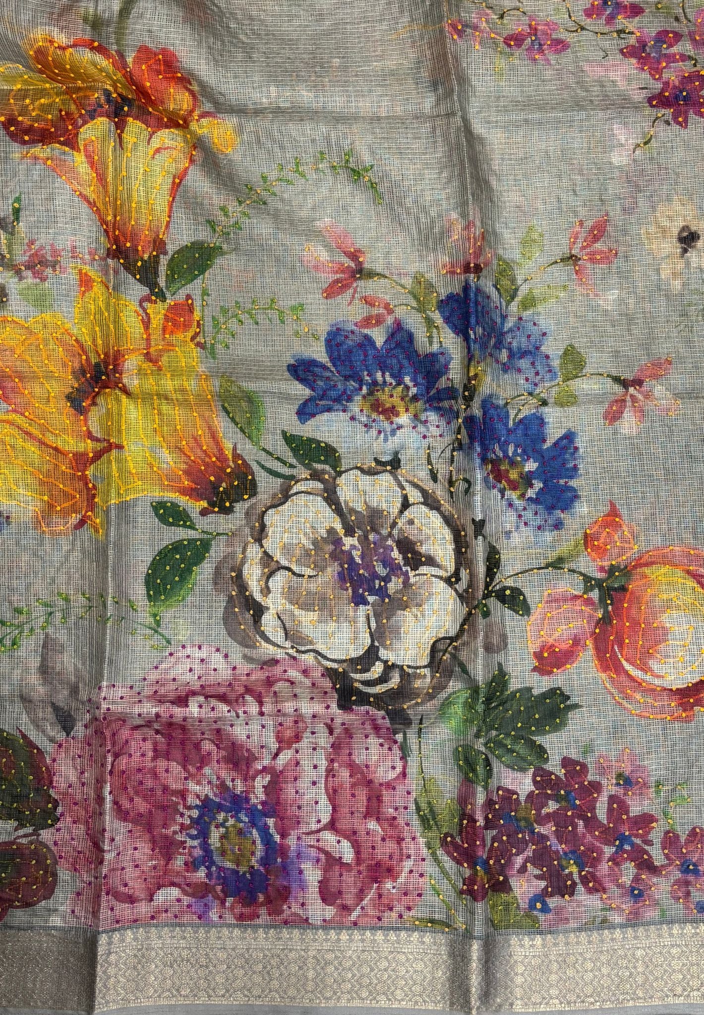 Kota Saree-Light Grey In French Knot Floral Border