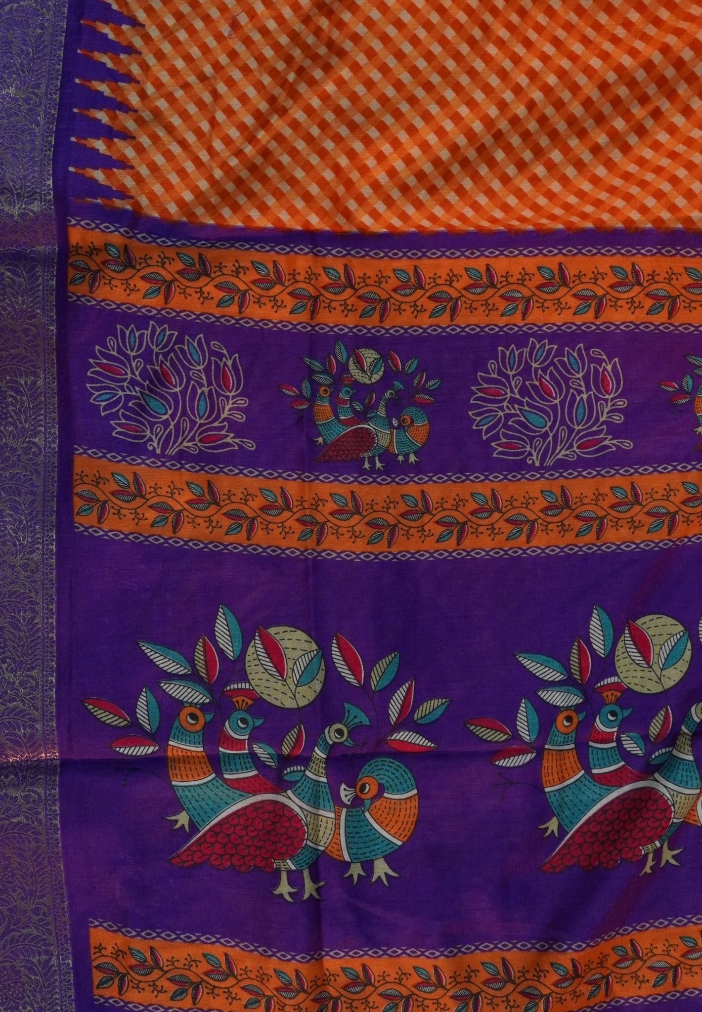 Semi Dola Saree-Orange in Checked Pattern