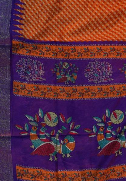 Semi Dola Saree-Orange in Checked Pattern