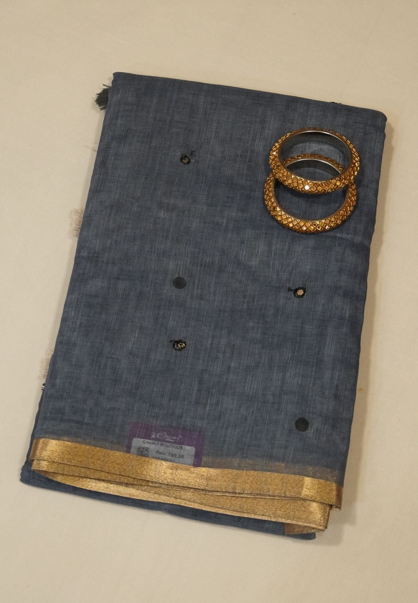 Linen Saree - Greyish Blue with Mirror Work