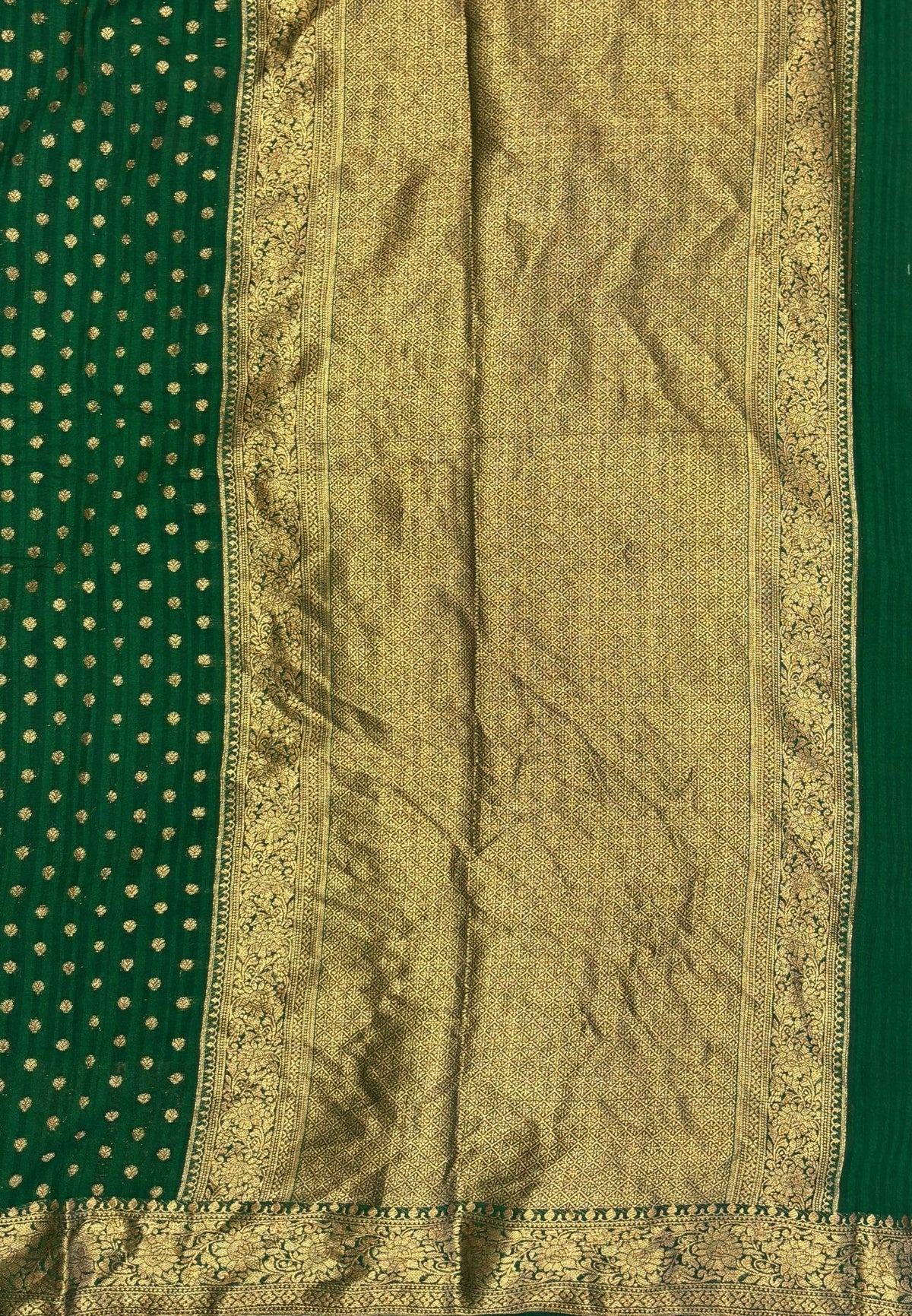 Banarasi Georgette Saree-Bottle Green with Mini Leaf Butta and Zari Border