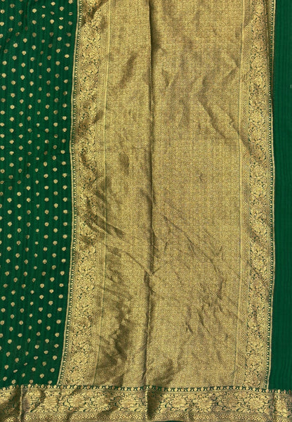 Banarasi Georgette Saree-Bottle Green with Mini Leaf Butta and Zari Border