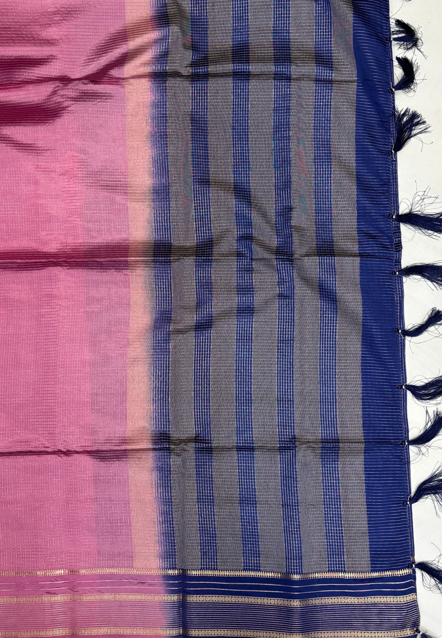 Mulberry Silk Saree-Onion Pink In Striped Zari With Contrast Border