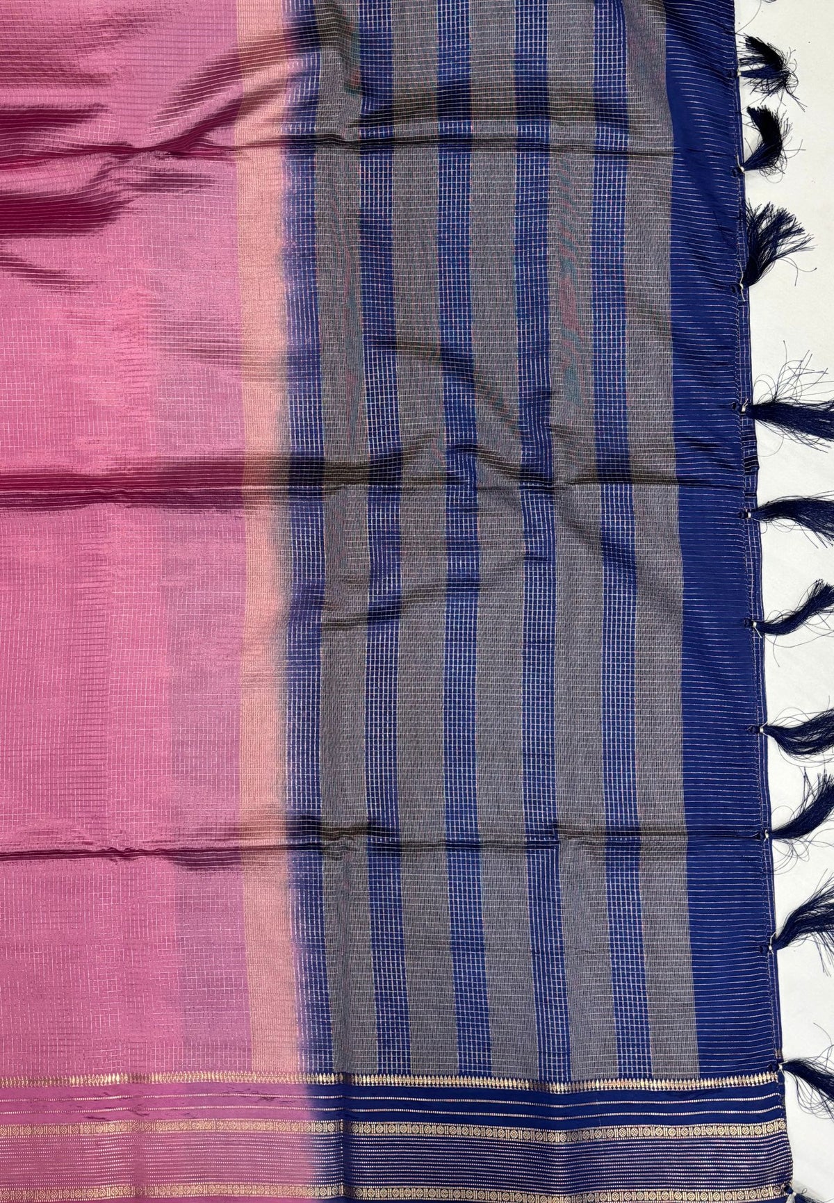 Mulberry Silk Saree-Onion Pink In Striped Zari With Contrast Border