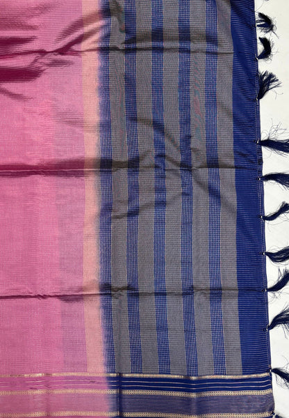 Mulberry Silk Saree-Onion Pink In Striped Zari With Contrast Border
