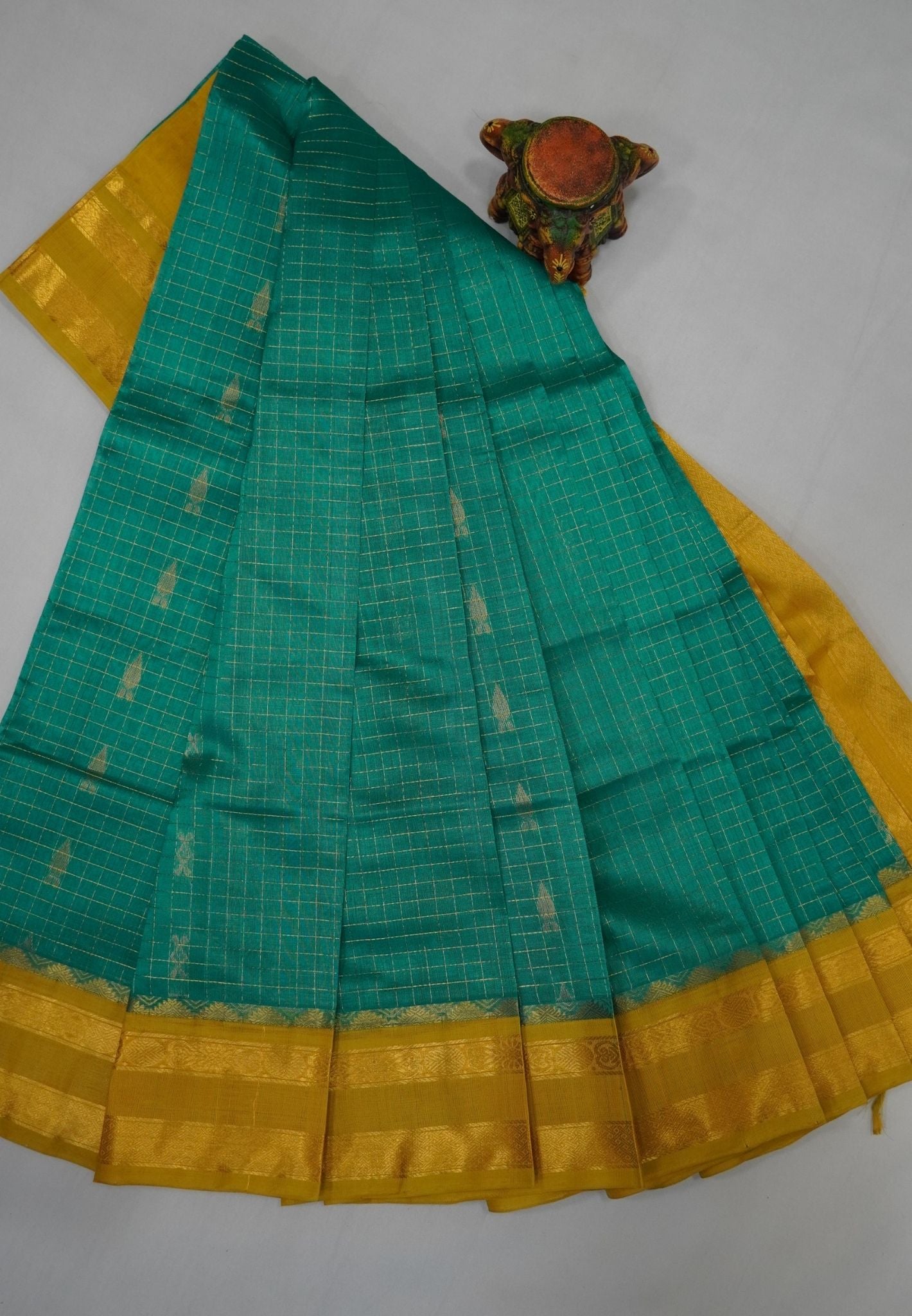 Pure Silk Cotton Saree-Sea Green in Zari Checks with Contrast Border