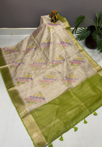 Kota Saree-Cream-Light Green In Floral Vine Zari Border