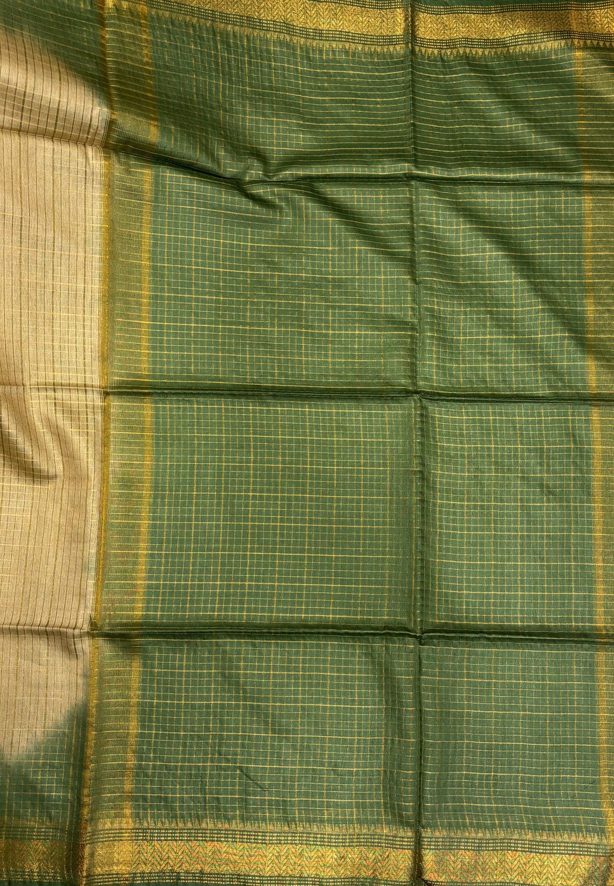 Semi Bhagalpur Tussar Saree-Cream in Zari checks with Contrast Border