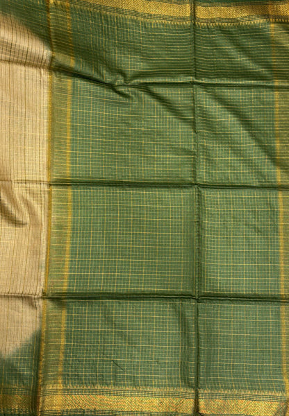 Semi Bhagalpur Tussar Saree-Cream in Zari checks with Contrast Border