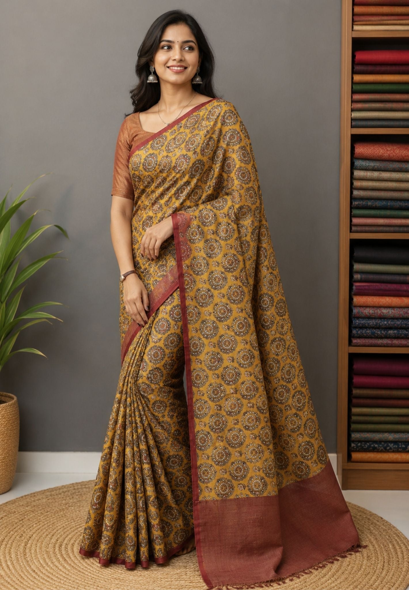 Pure Tussar Saree-Mustard in Ajrakh Pattern