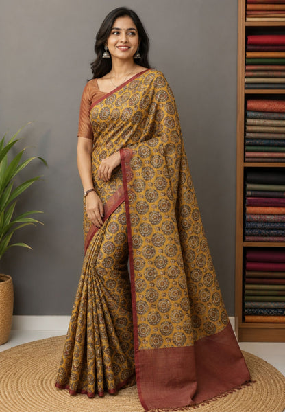 Pure Tussar Saree-Mustard in Ajrakh Pattern