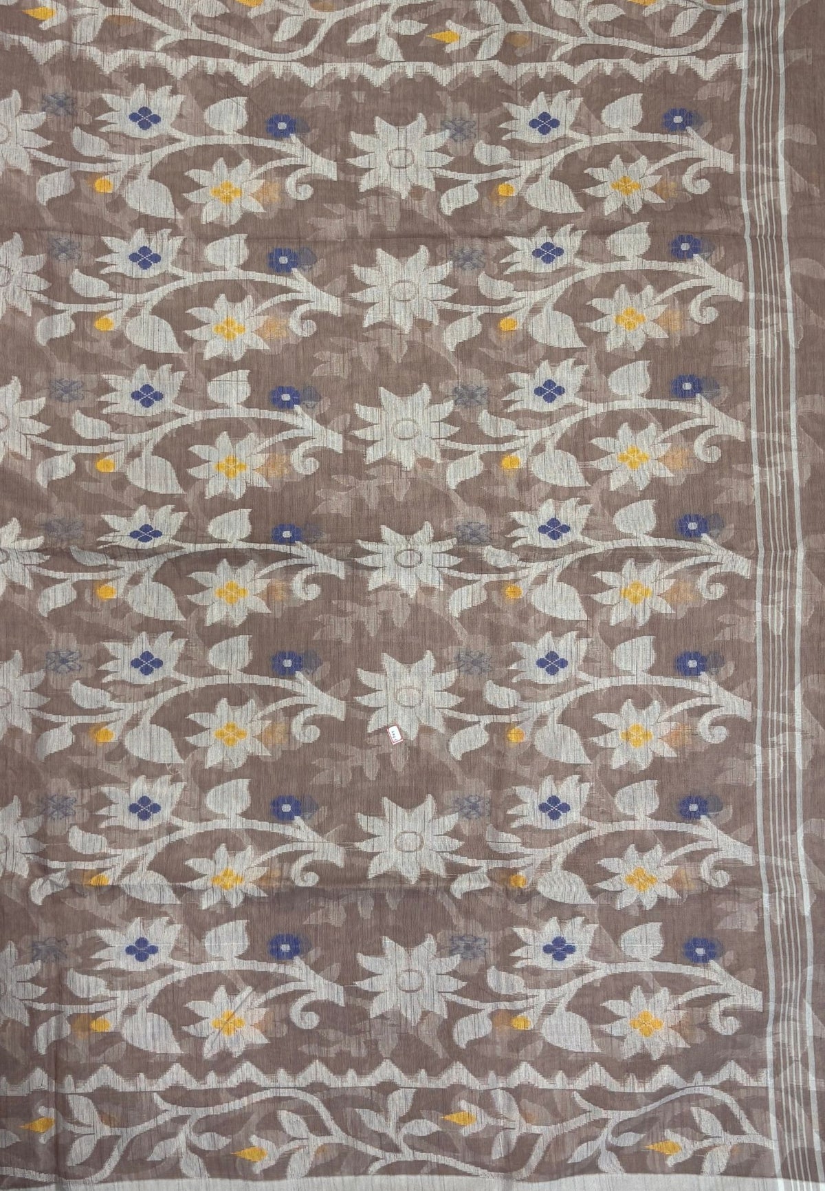 Dhakai Jamdhani Cotton Saree-Choco Brown In Floral Vine Zari Border