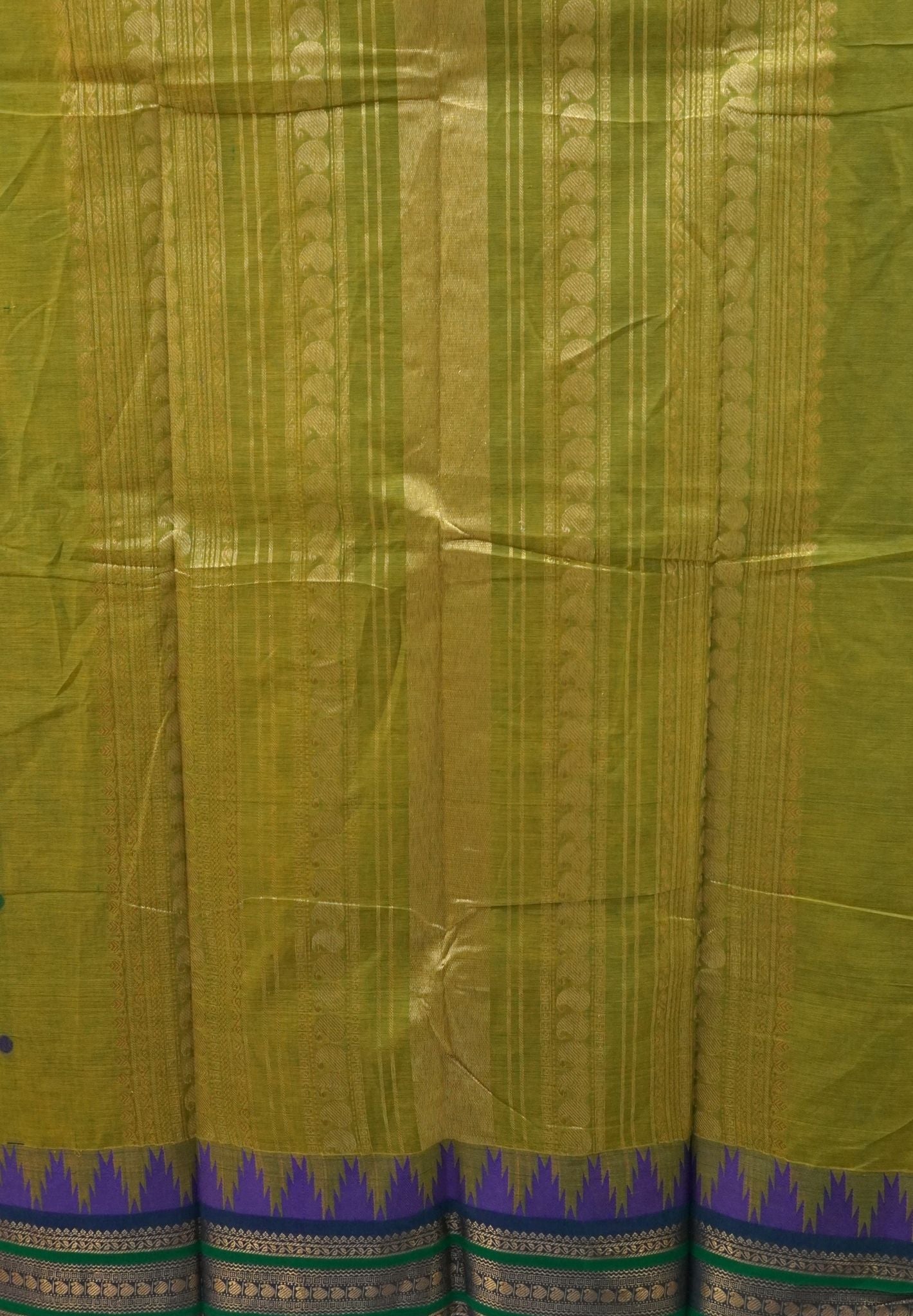 Chettinad Cotton Saree–Lime Green with Temple Zari Border