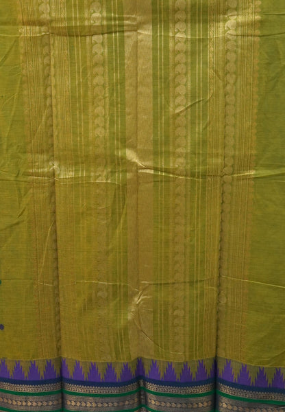 Chettinad Cotton Saree–Lime Green with Temple Zari Border