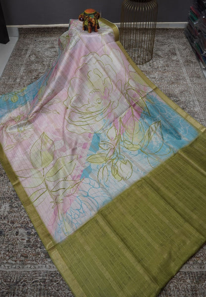 Korean Tussar Saree-Pastel Floral Artistic Weave-Green