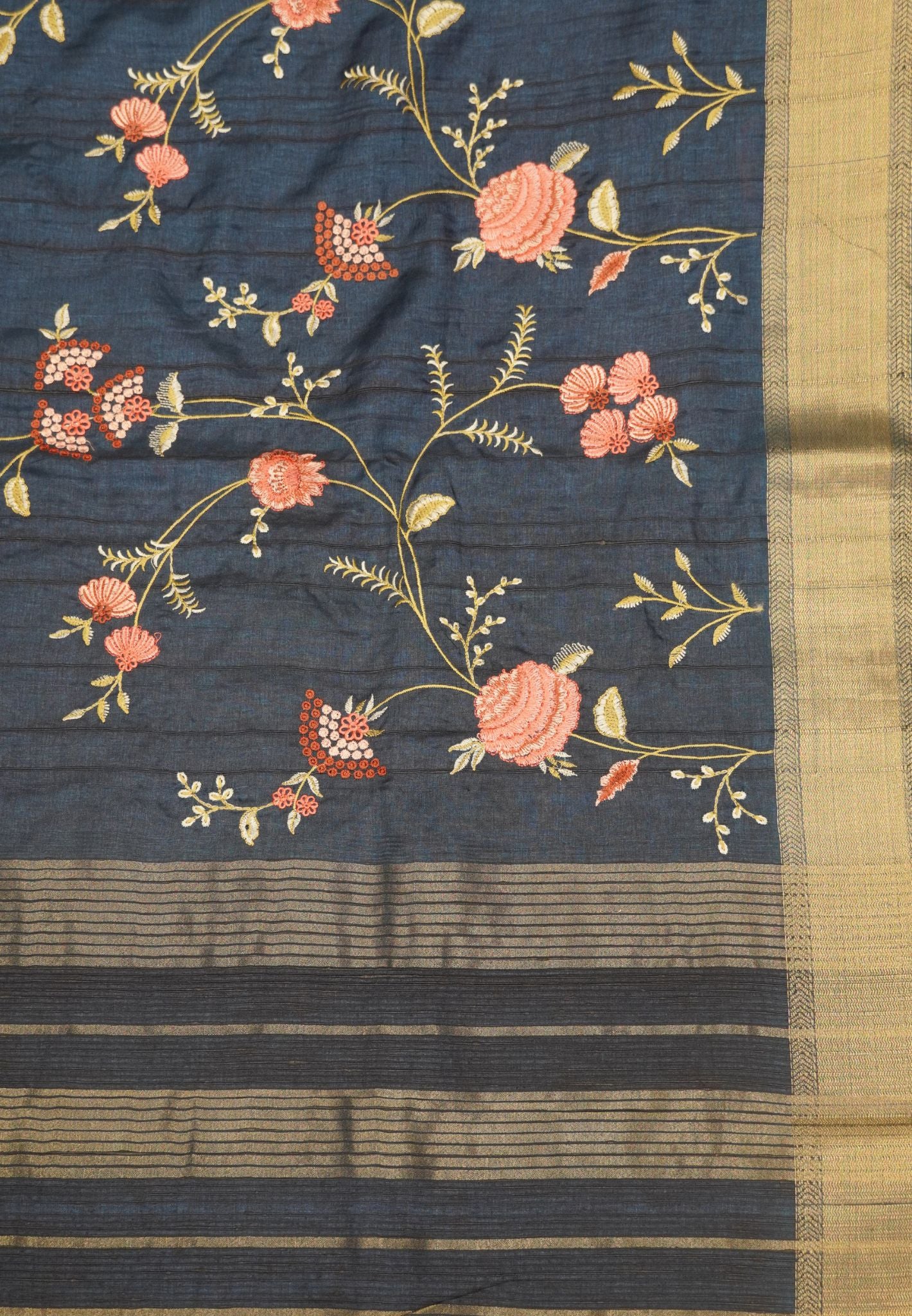 Soft Tussar Saree-Peacock Blue with Floral Embroidery Work
