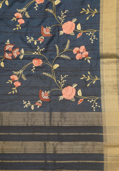 Soft Tussar Saree-Peacock Blue with Floral Embroidery Work