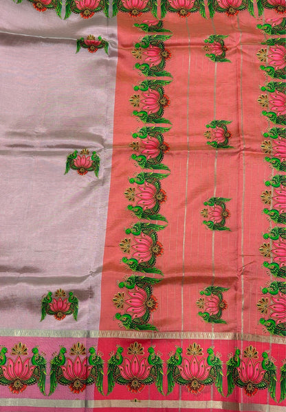 Pure Mangalgiri Silk Saree-Grey Temple with Tanjore Print