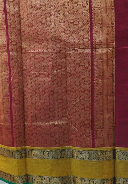 Chettinad Cotton Saree-Maroon in Mayil Chakram Zari Checks with Retapett Border