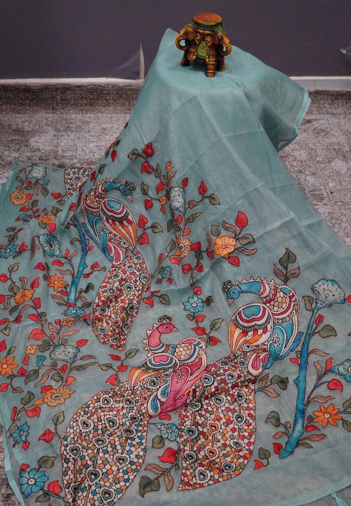 Crush Vairaoosi Tissue Silk-Sea Green with applique work