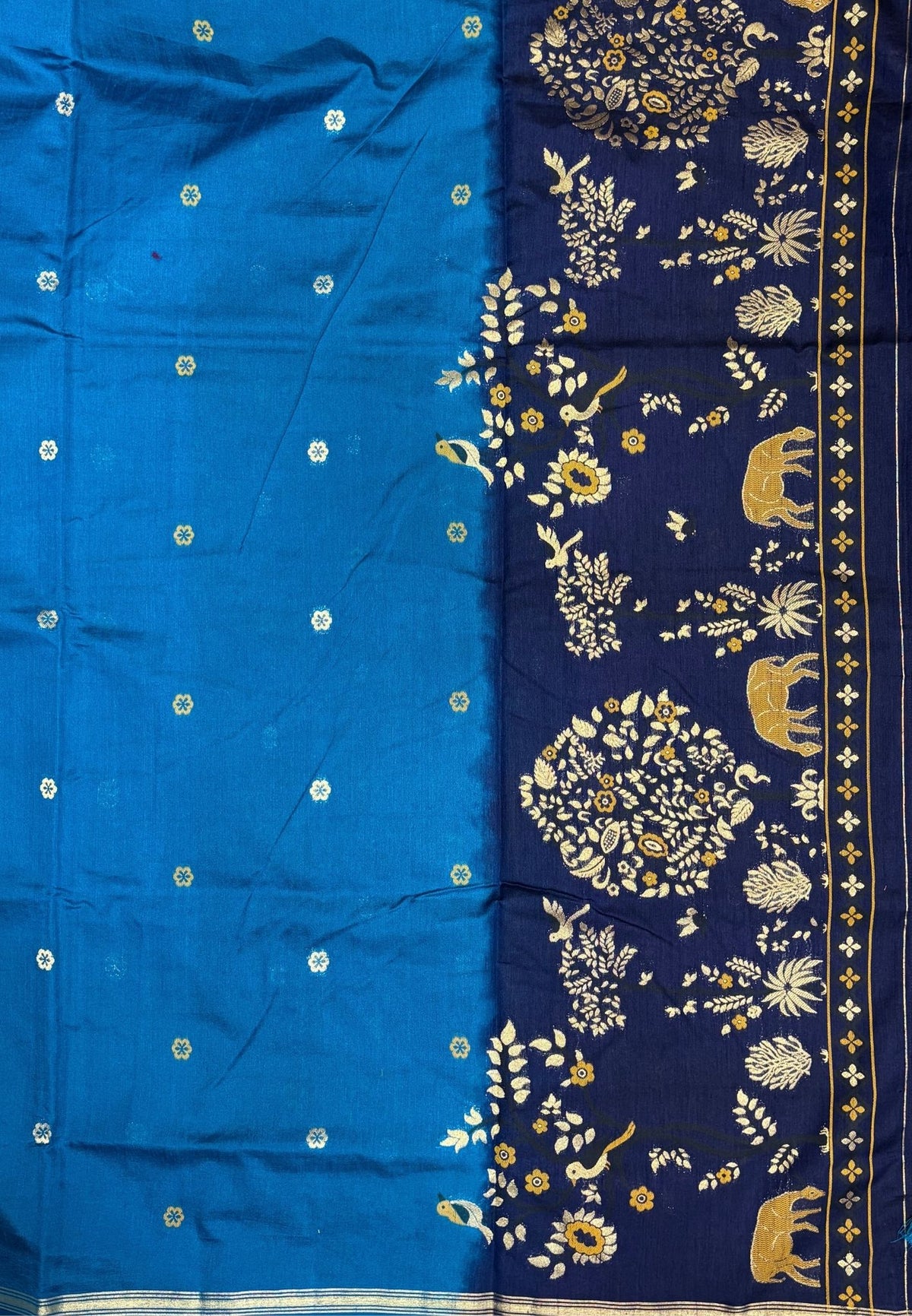 Gaji Silk Saree-Sulphate Blue In Warli Tree & Elephant With Contrast Border