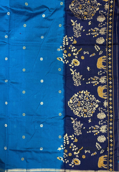 Gaji Silk Saree-Sulphate Blue In Warli Tree & Elephant With Contrast Border