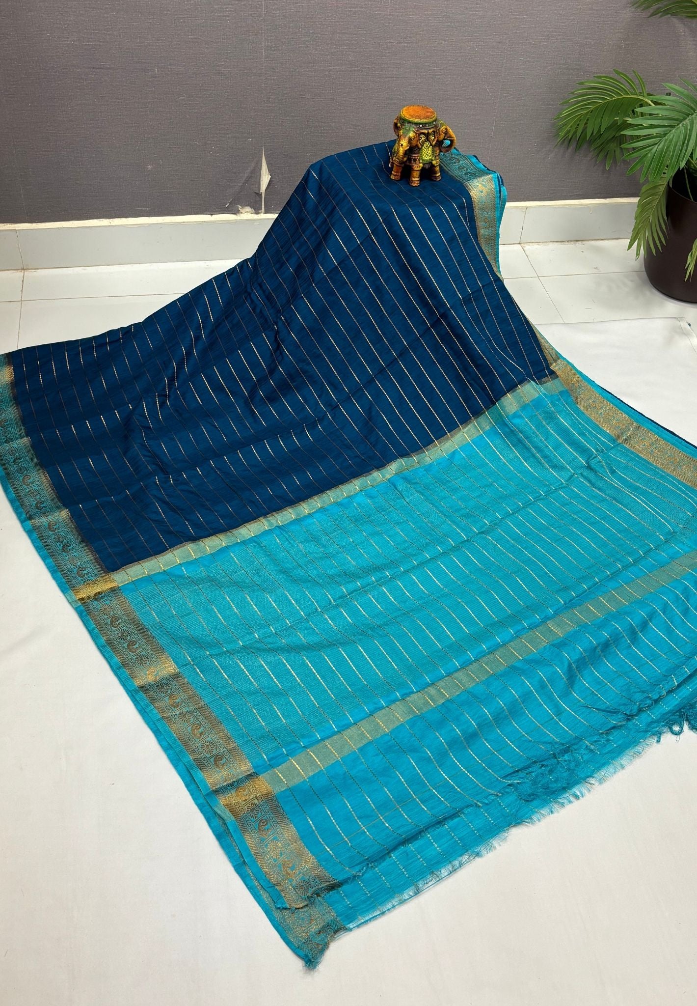 Semi Raw Silk Saree-Peacock Blue in Zari Lines with Contrast Annam Border