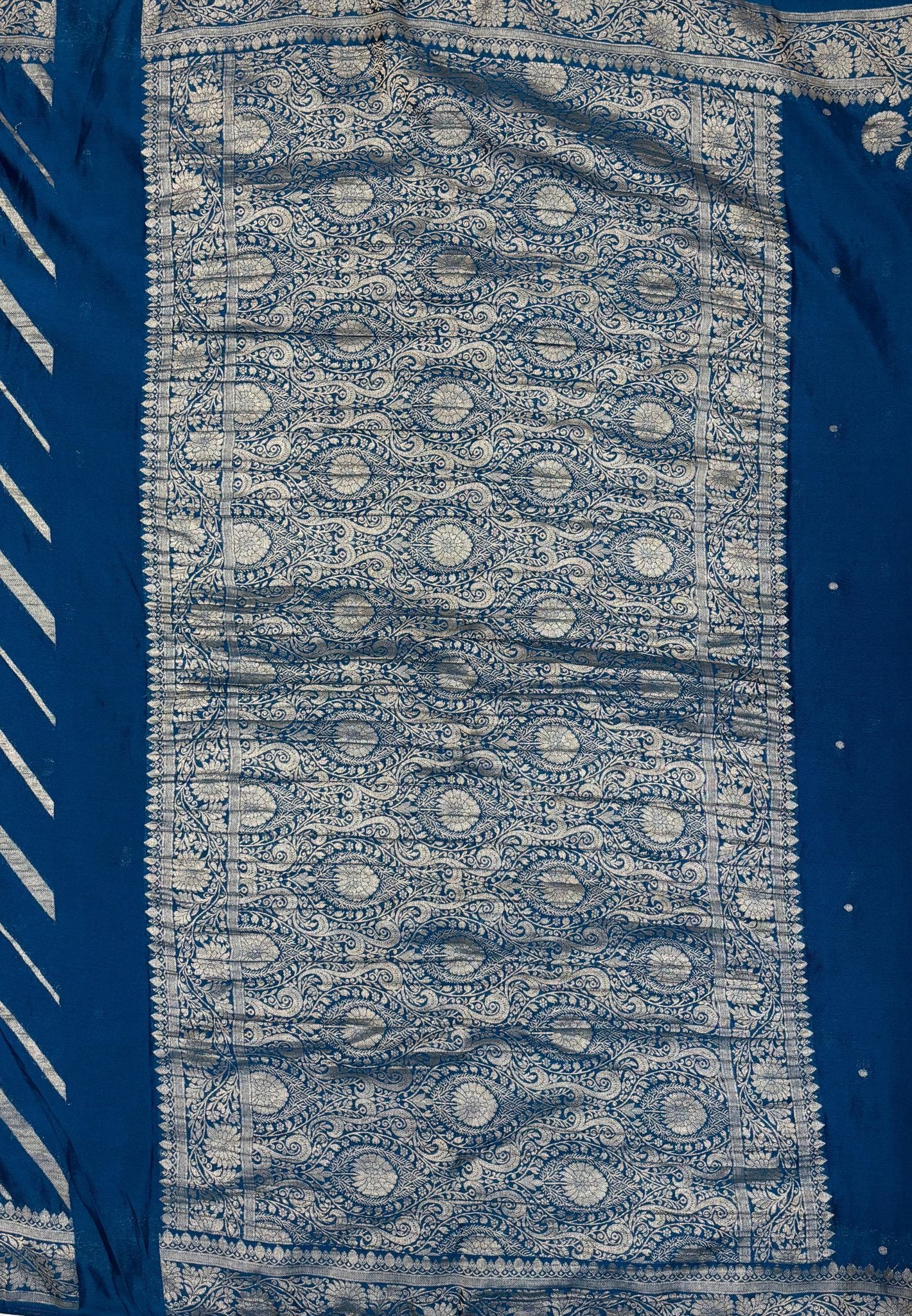 Chinon Silk Saree-Peacock Blue with Antique Floral Border