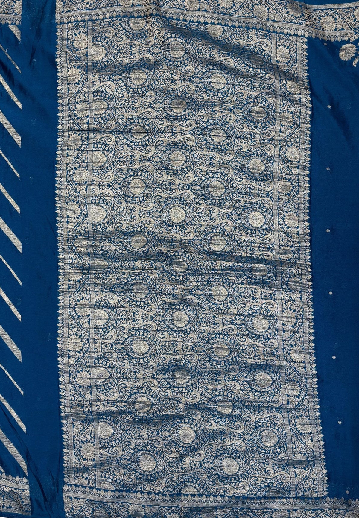 Chinon Silk Saree-Peacock Blue with Antique Floral Border